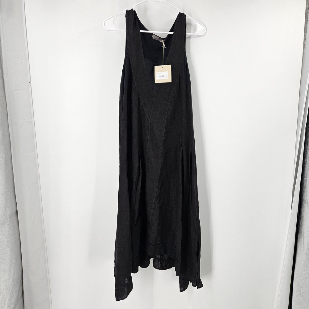 Lands Down Under Sleeveless Linen Flare Dress Black Lagenlook Midi Hi-Low NWT L